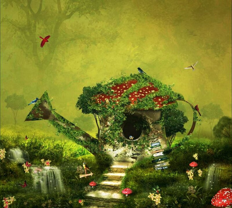 Mushroom House in Forest — Green, Whimsical, Morning, Digital Art