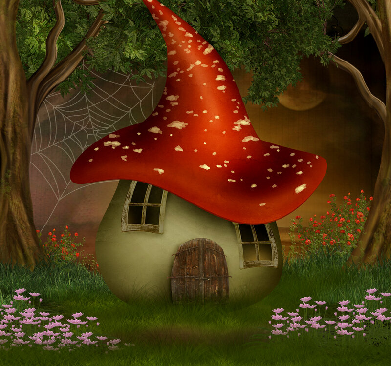 Mushroom House in Forest — Green, Whimsical, Night