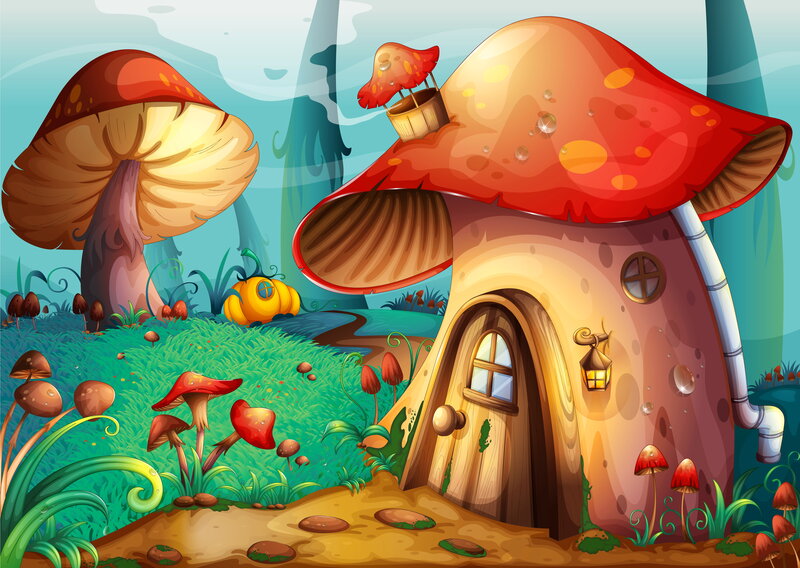 Mushroom House in Forest — Red, Whimsical