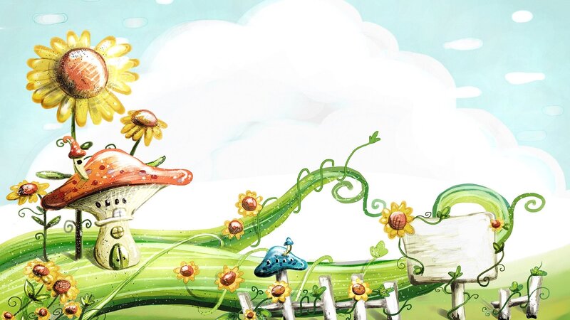 Mushroom House in Garden — Green, Whimsical, Afternoon, Illustration, Sunflowers