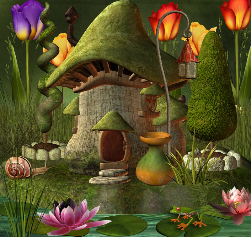 Mushroom House in Garden — Green, Whimsical