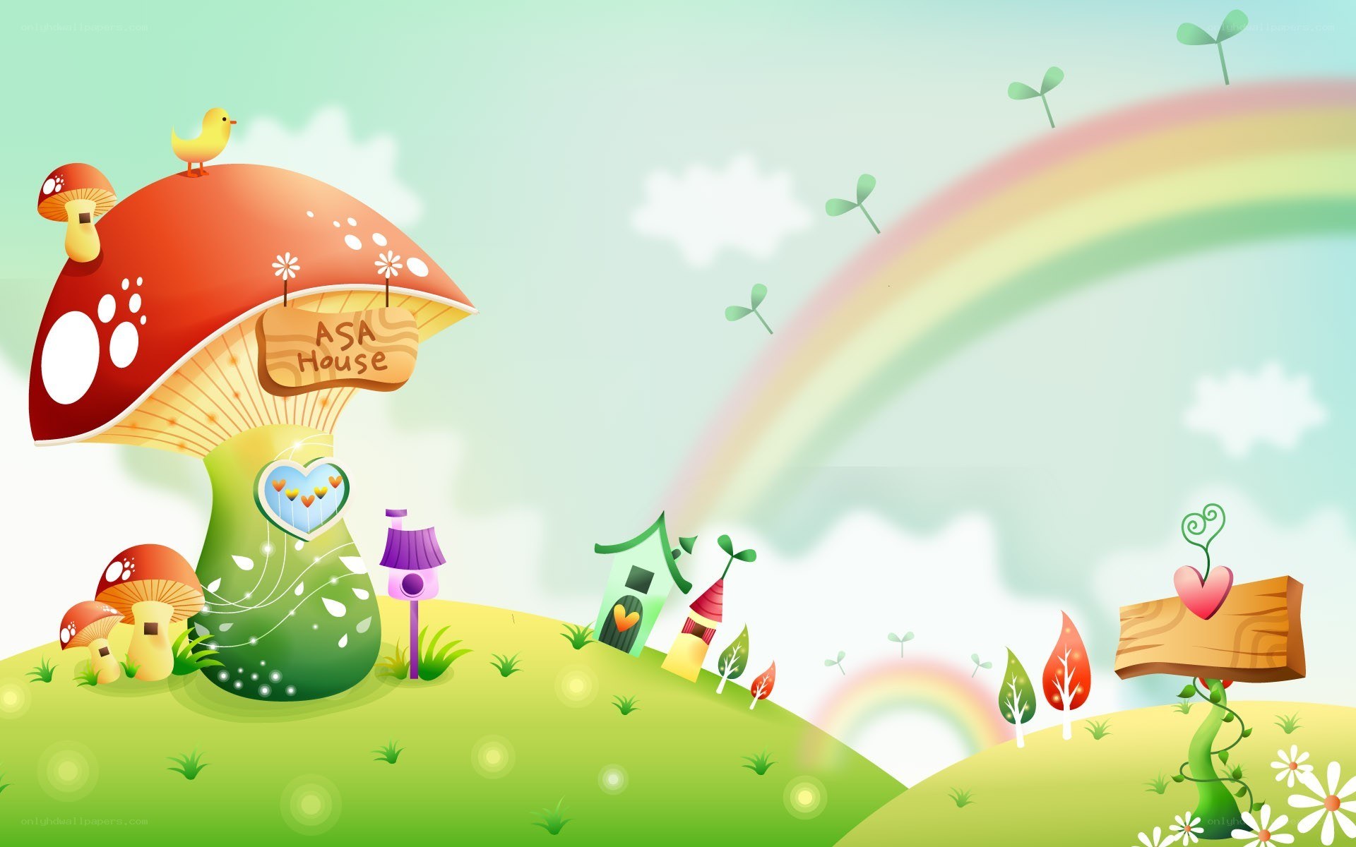 Mushroom house with rainbow