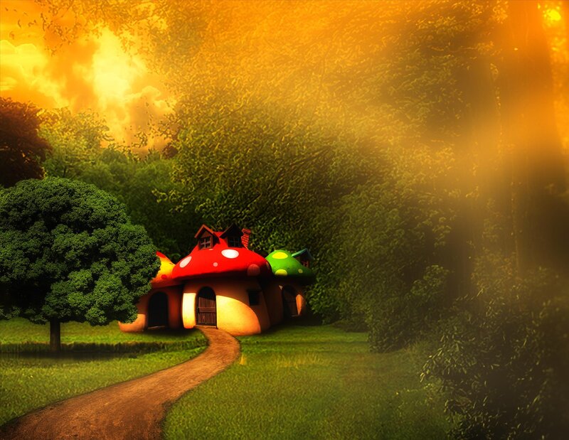 Mushroom houses in a forest