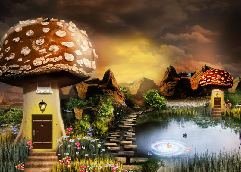 Mushroom Houses in Fantasy Landscape