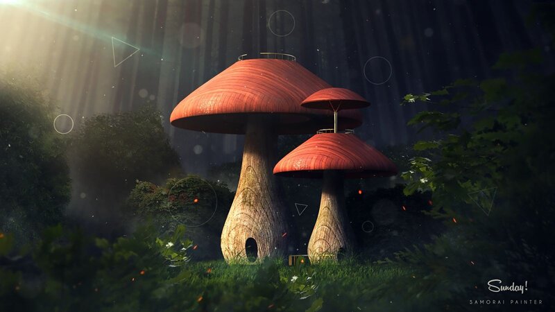 Mushroom Houses in Forest — Green, Mysterious