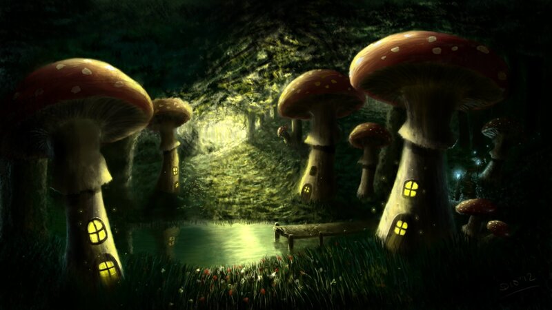 Mushroom Houses in Forest — Green, Serene