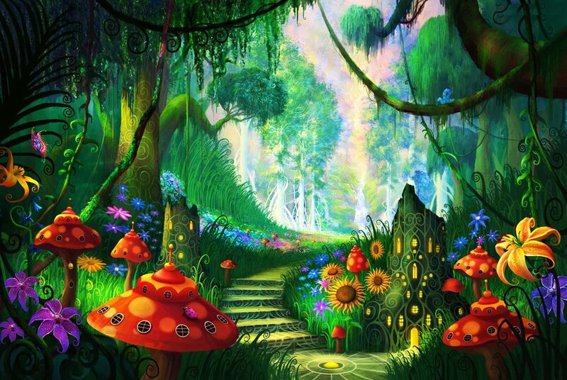Mushroom Houses in Forest — Green, Whimsical, Afternoon, Digital Art