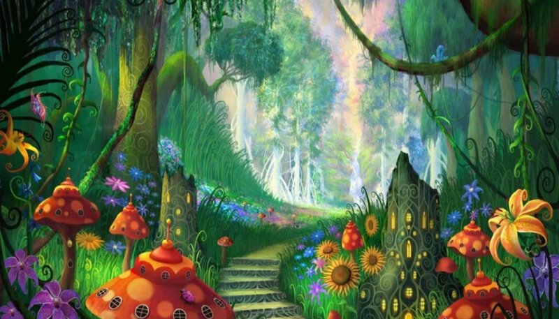 Mushroom Houses in Forest — Green, Whimsical, Morning
