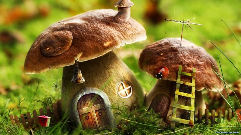 Mushroom Houses in Grass — Green, Whimsical, Spring