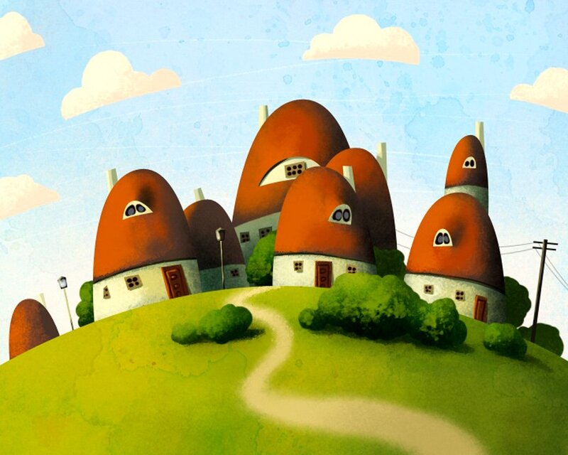 Mushroom houses on a hill