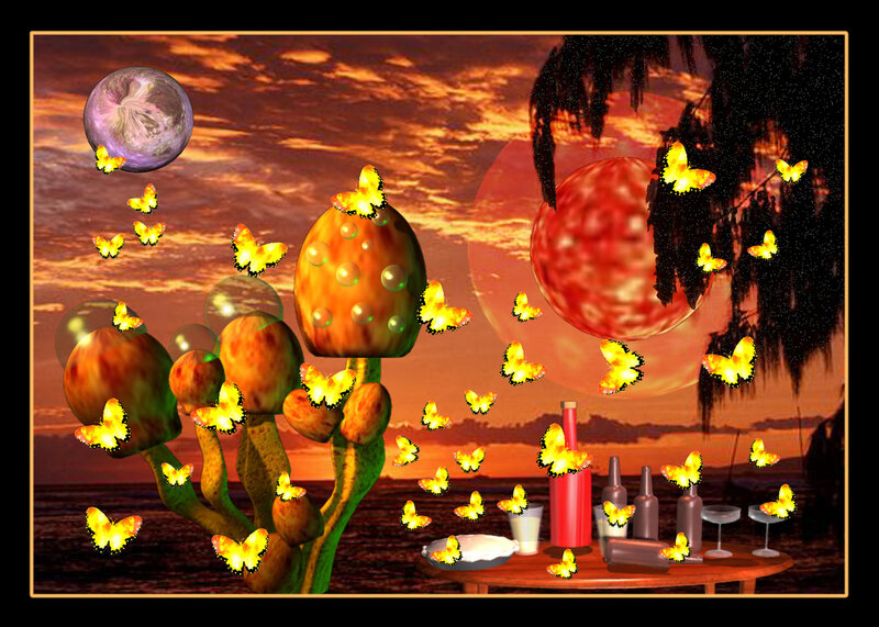 Mushroom-like Plants with Butterflies