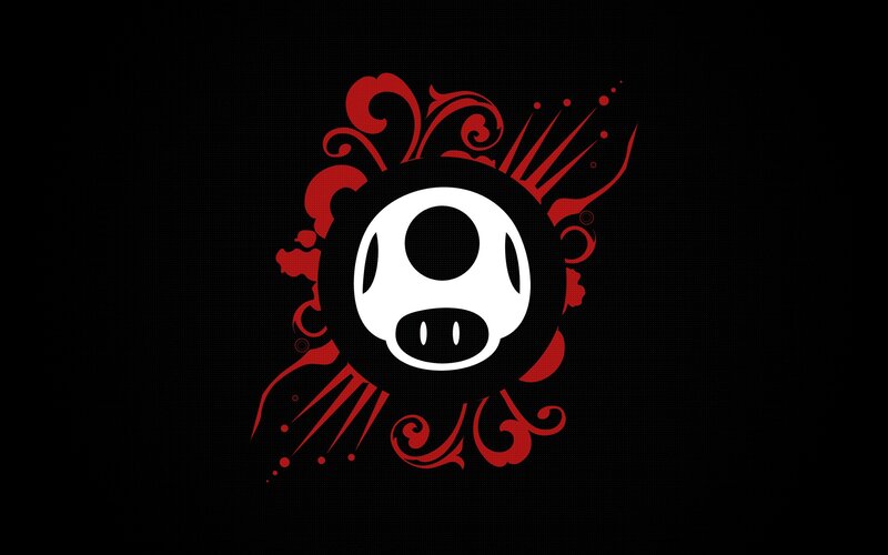 mushroom logo with red swirls