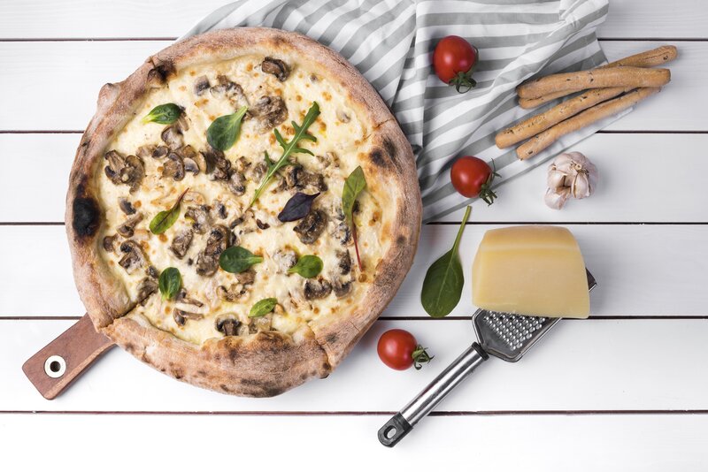 Mushroom Pizza on Wood