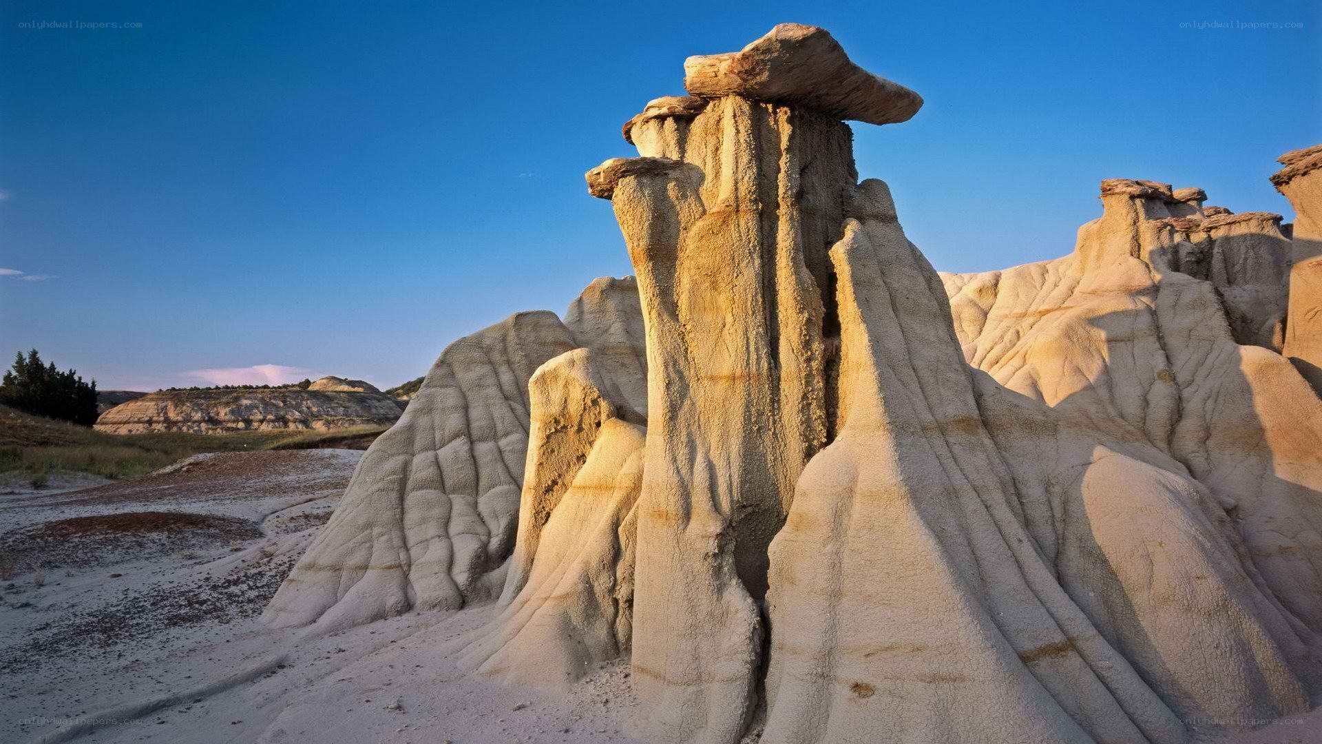 Mushroom rock formations at sunset