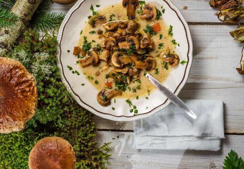 mushroom soup with forest elements