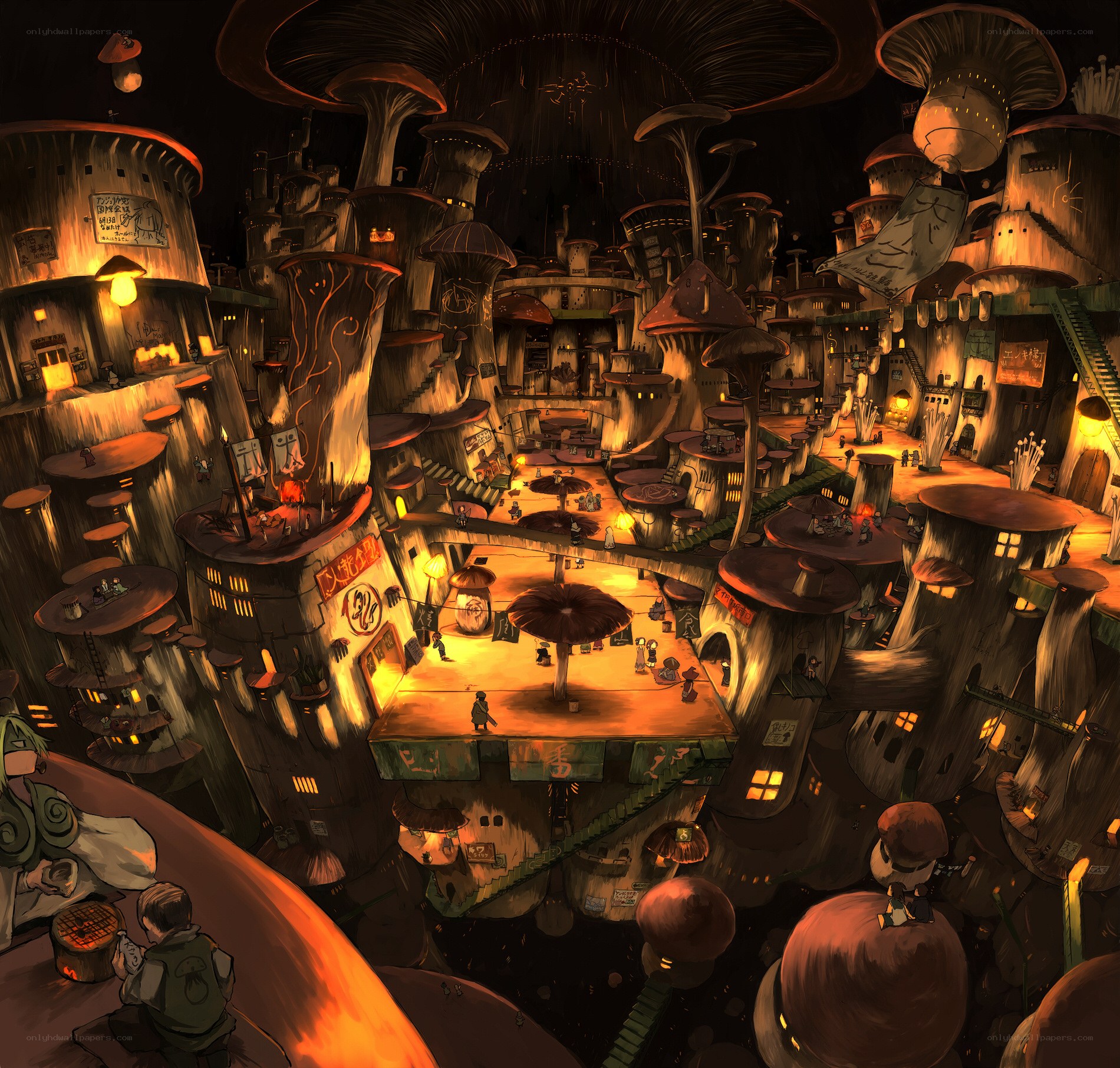 Mushroom village at night