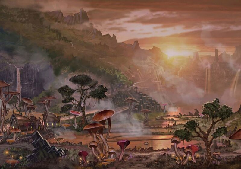 mushroom village at sunset