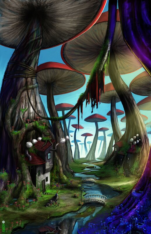 Mushroom village fantasy landscape