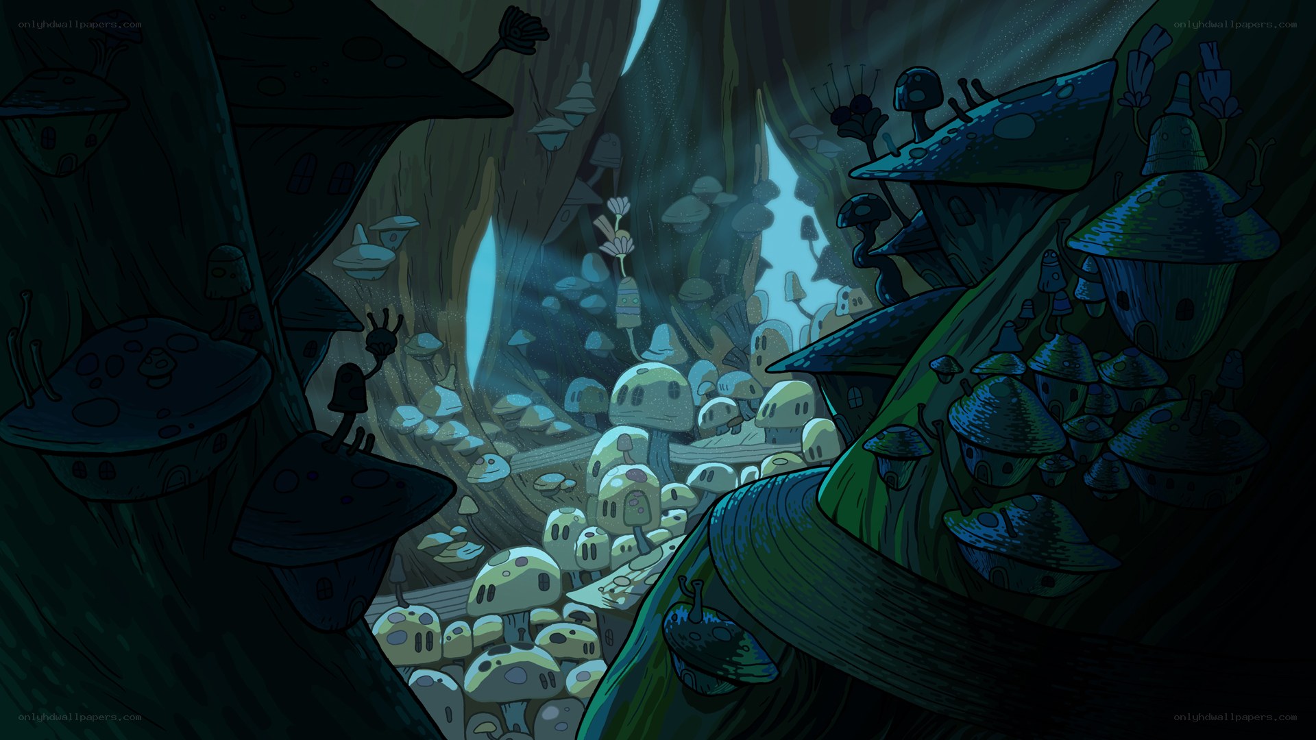 mushroom village in forest