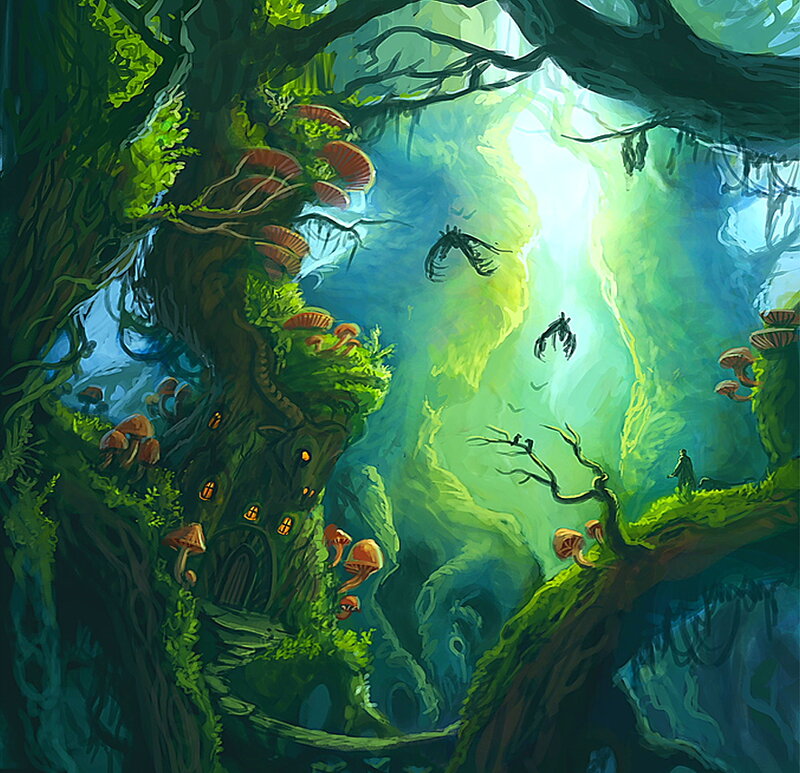 Mushroom Village in Forest — Green