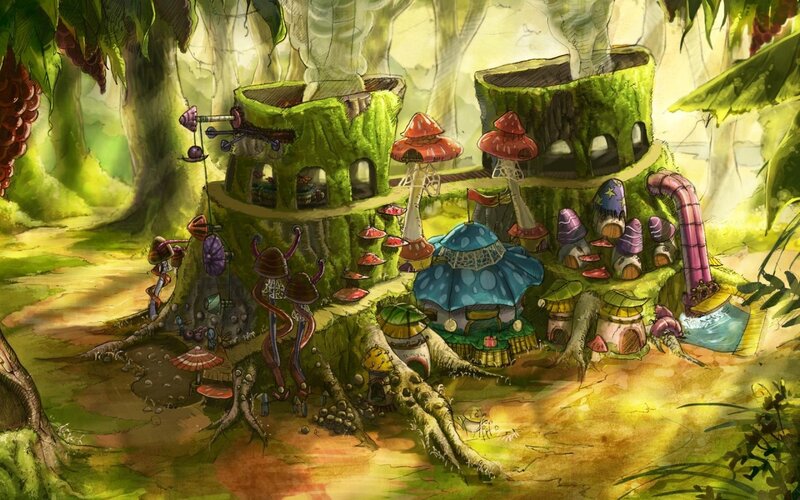 Mushroom Village in Forest — Green, Whimsical