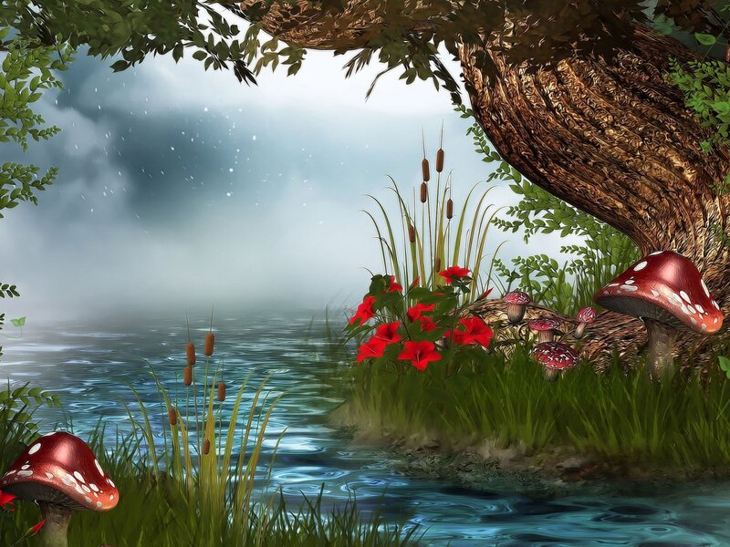 Mushrooms by a Lake — Green, Serene, Digital Art, Flowers