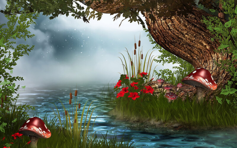 Mushrooms by a Lake — Green, Serene