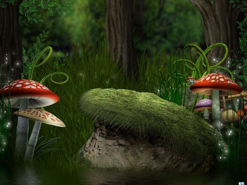 Mushrooms in Forest — Green, Serene, Digital Art