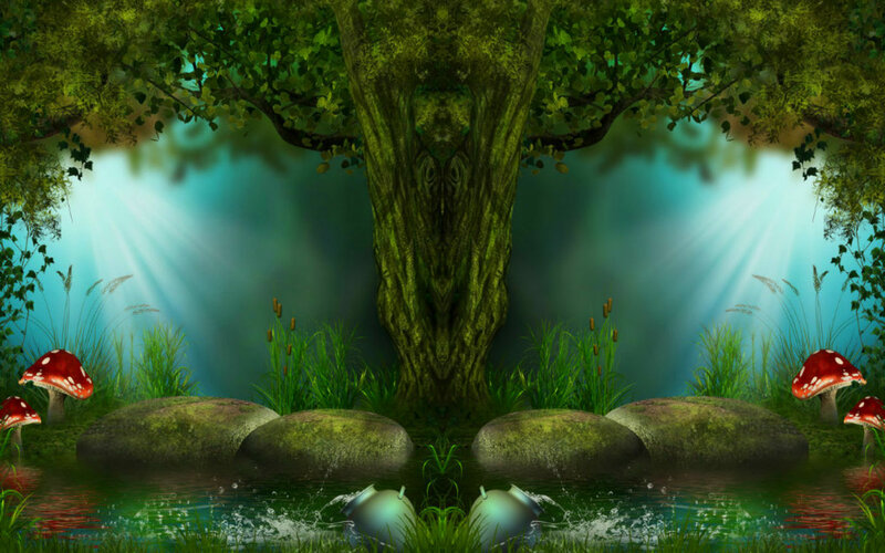 Mushrooms in Forest — Green, Serene, Digital Art, Tree