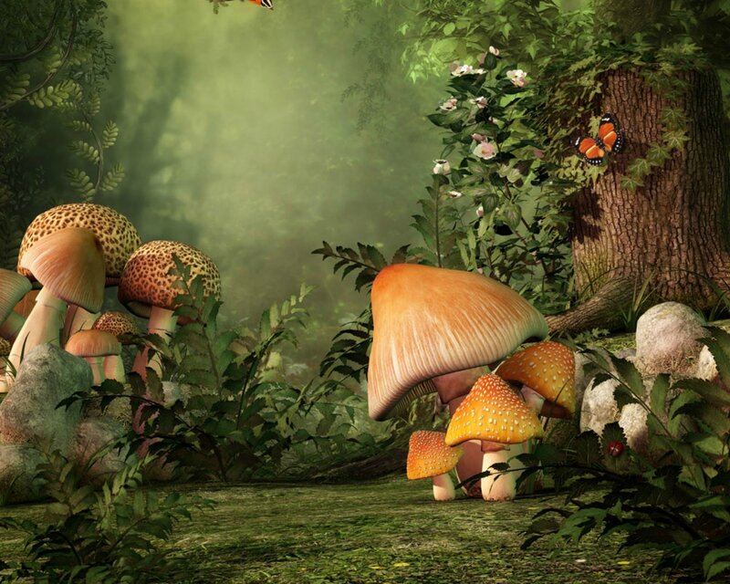 Mushrooms in Forest — Green, Serene, Morning, Digital Art, Butterfly