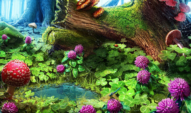 Mushrooms in Forest — Green, Serene, Morning, Digital Art