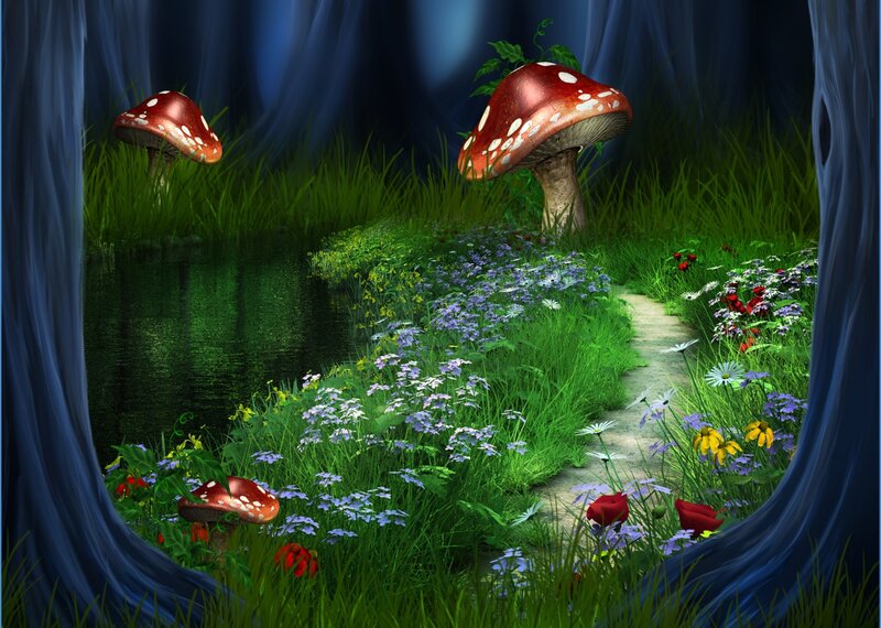 Mushrooms in Forest — Green, Serene, Night, Digital Art, Flowers