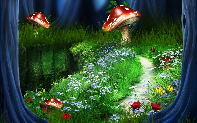 Mushrooms in Forest — Green, Serene, Night, Digital Art