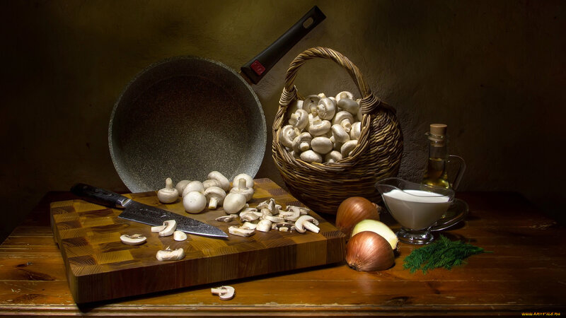 Mushrooms on Cutting Board