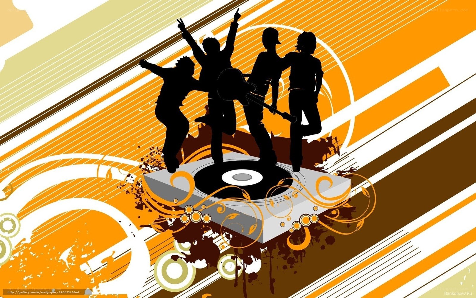 Music band silhouettes on turntable