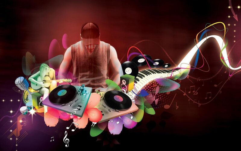 Music DJ and instruments collage