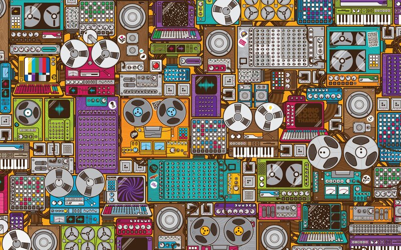 Music Equipment Collage — Brown, Busy