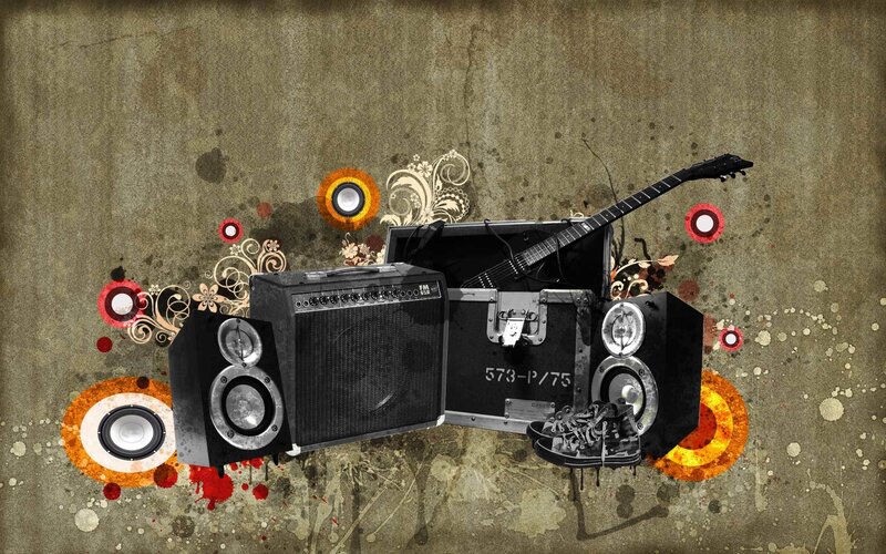 Music Equipment Collage — Brown, Grungy, Digital Art, Guitar