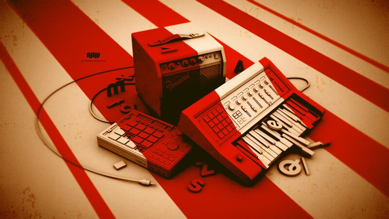 Music equipment on red and white stripes
