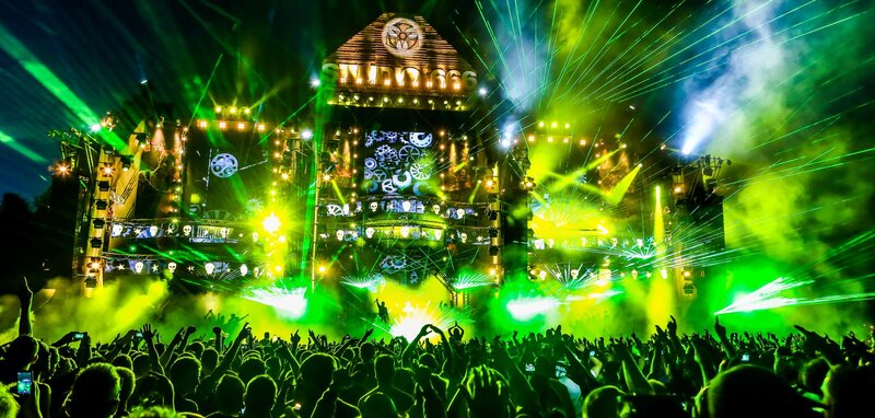 Music festival stage at night