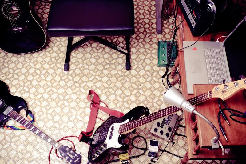Music gear on patterned floor