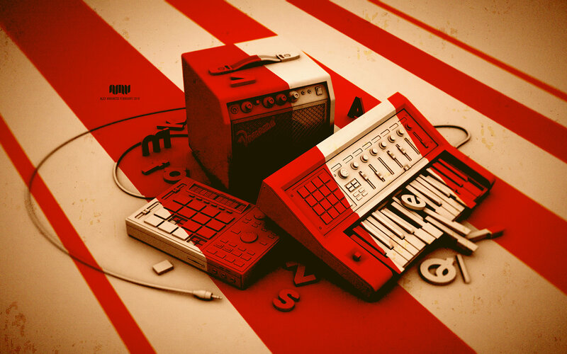 Music gear on red and white stripes