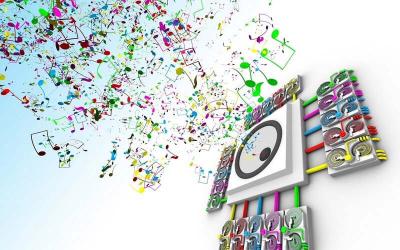 Music Notes and Speakers — White, Energetic