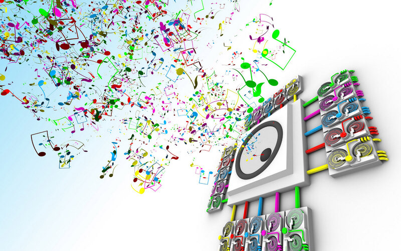 Music Notes and Speakers — White