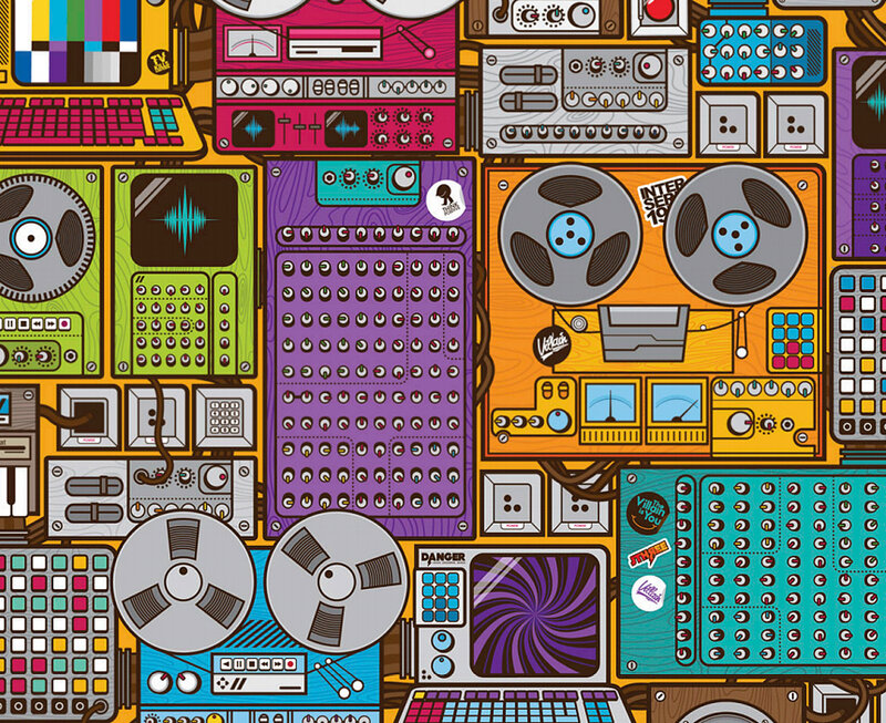 music production equipment collage