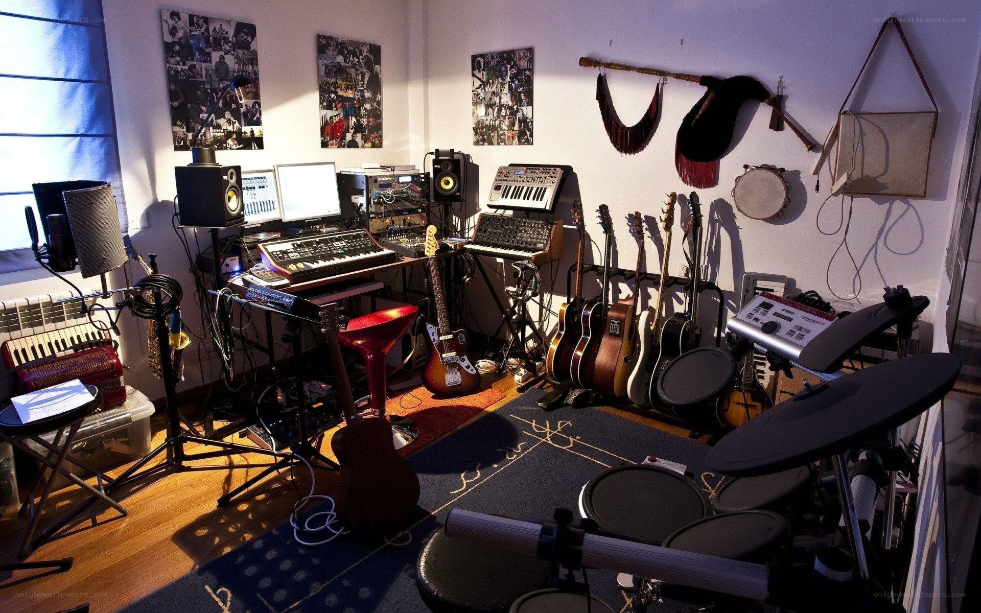 music studio with instruments and gear