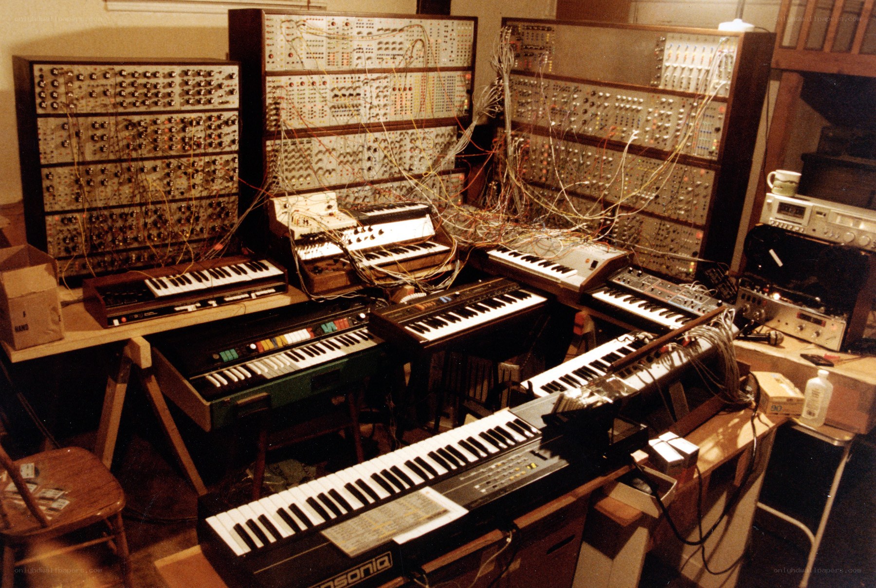 music studio with modular synthesizers
