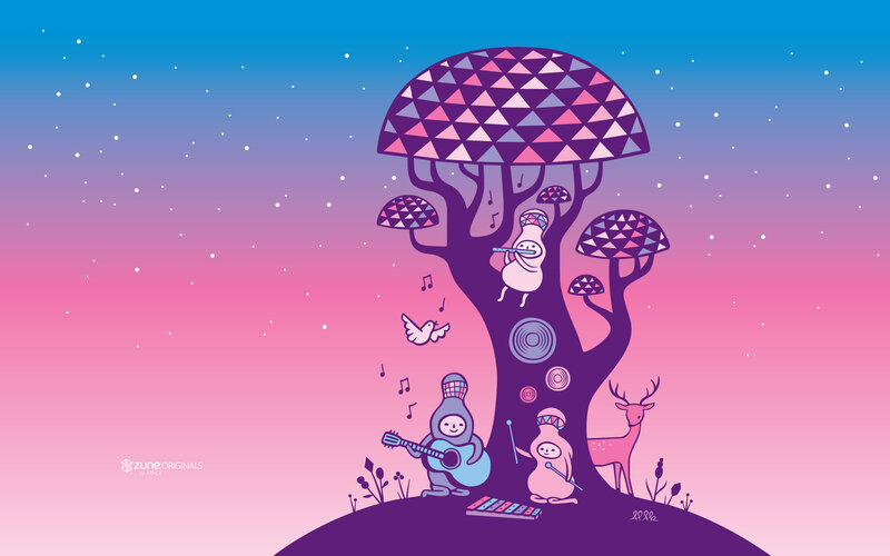 Musical creatures under a starry sky