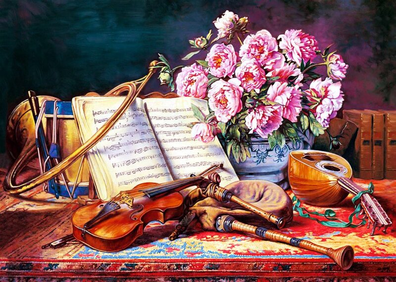 Musical Instruments and Flowers — Red, Dramatic