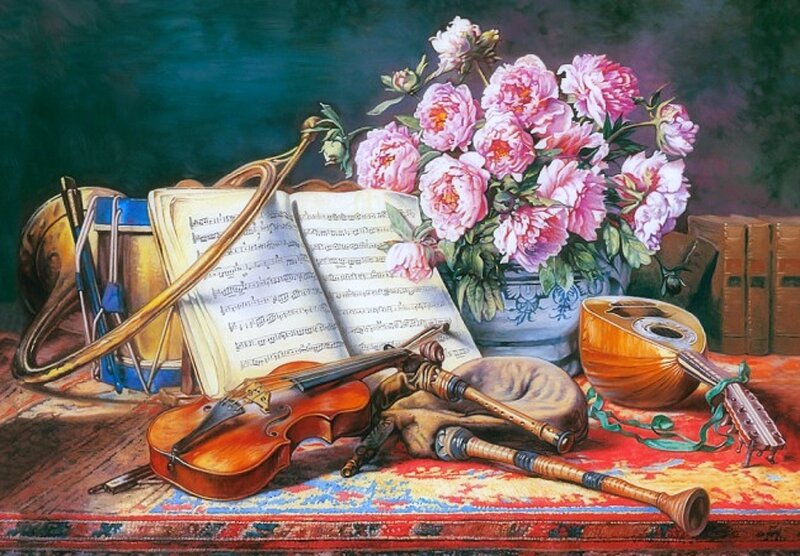 Musical Instruments and Flowers — Red, Serene